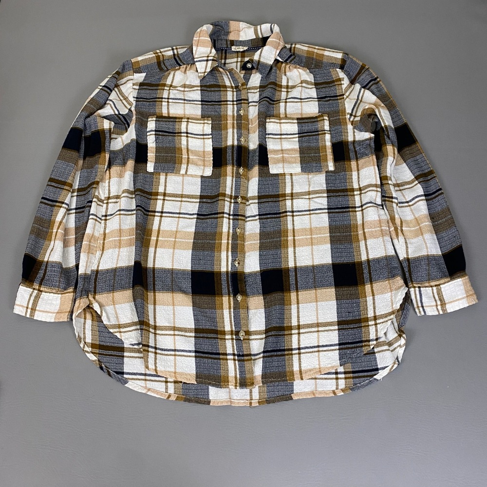 Pilcro and the Letterpress Anthropologie Button Shirt Women XL Plaid Brown IVory